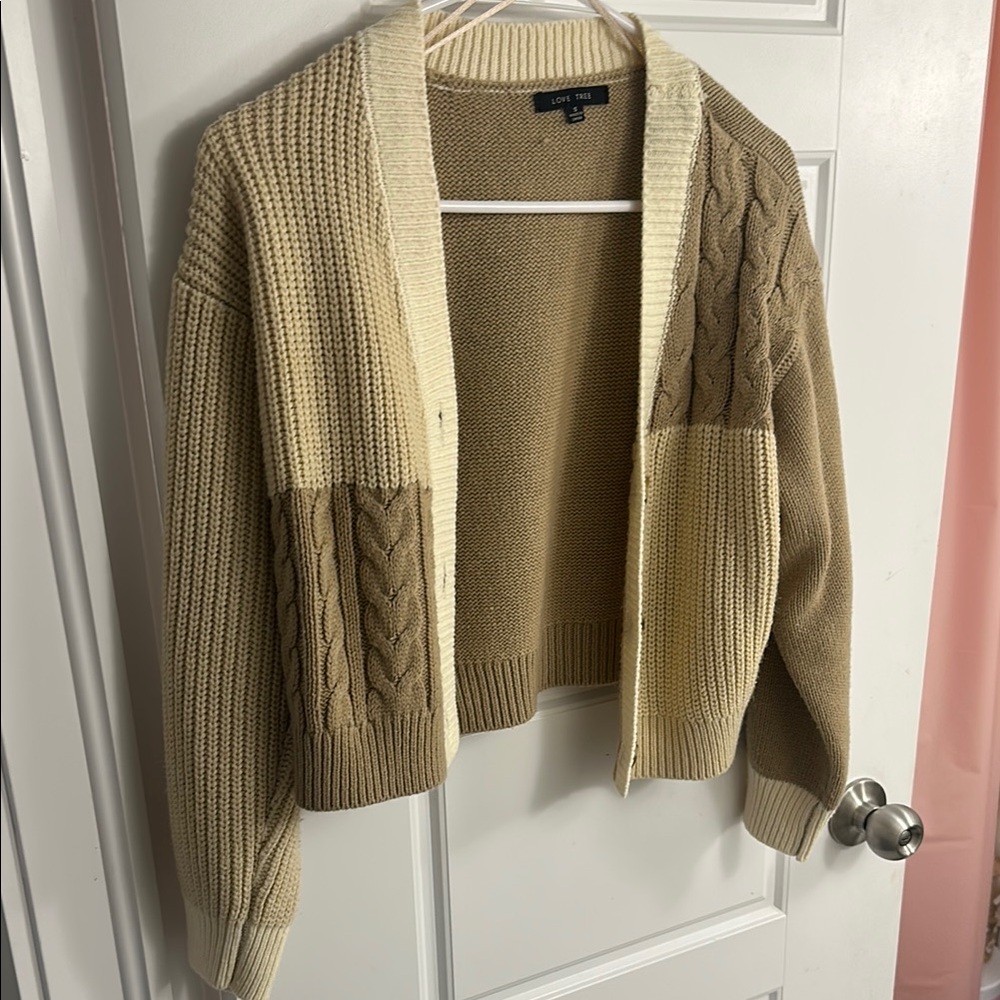 Cable Knit Cardigan Sweater - Cream and Brown